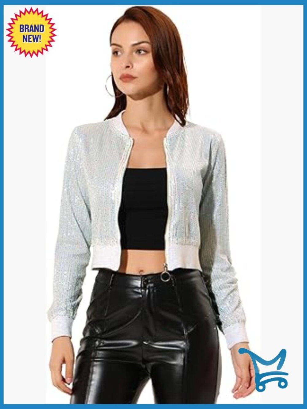 Cropped Sequin Bomber Jacket Front Zip Long Sleeve Party Glitter Sparkly